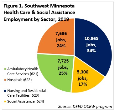 Southwest Minnesota Health Care & Social Assistance Employment by Sector, 2019