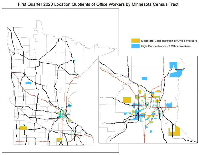 First Quarter 2020 Location Quotients of Office Workers by Minnesota Census Tract