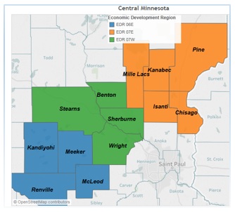 Map of the Economic Development Regions in Central Minnesota by County