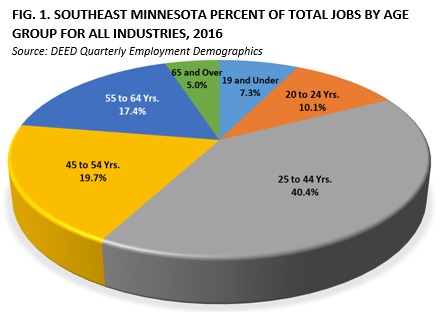 Pie Chart Image of Southeast Minnesota Percent of Total Jobs by Age Group for All Industries, 2016