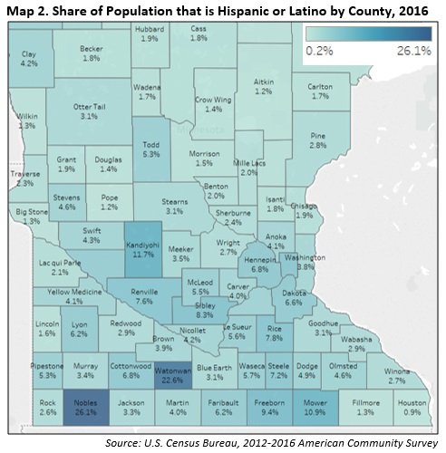 Share of Population that is Hispanic or Latino by County, 2016