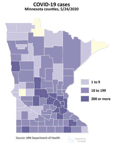 Map - COVID-19 cases, Minnesota counties, 5/24/2020