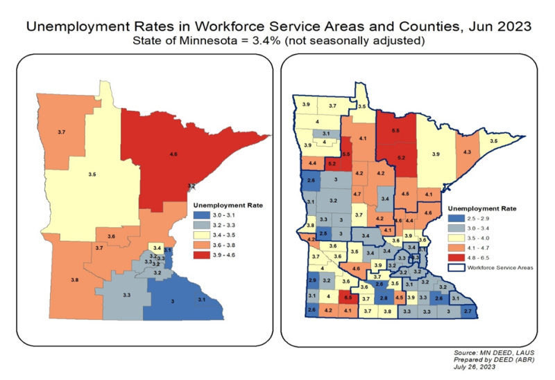 Unemployment Rates in Workforce Service Areas and Counties June 2023