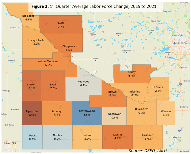 1st Quarter Average Labor Force Change 2019-2021
