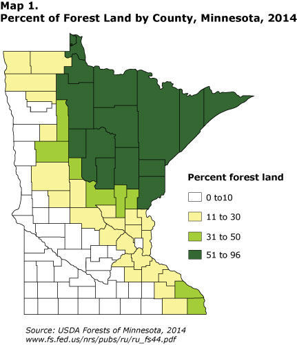Map 1. Percent of Forest Land by County, Minnesota, 2014