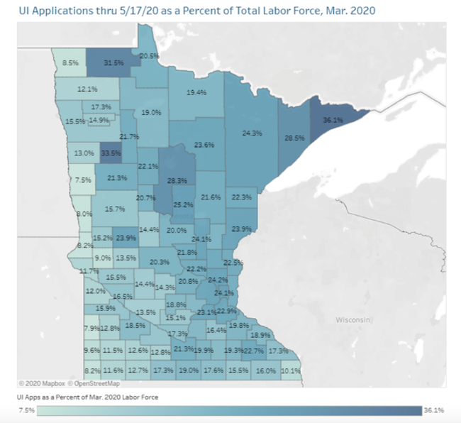 Map: UI Applications through May 17 2020 as a Percent of Total Labor Force