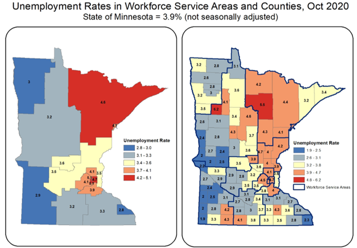 Map 1. Unemployment Rates by County, October 2020