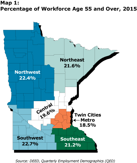 Map: Percentage of Workforce Age 55 and Over, 2015, by region in Minnesota