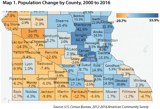 Map 1. Population Change by County, 2000 to 2016