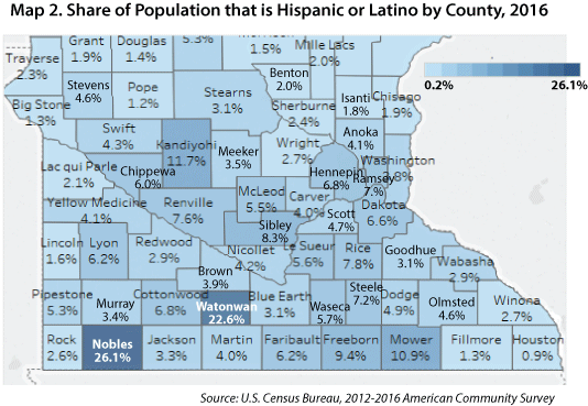 Map 2. Share of Population that is Hispanic or Latino by County, 2016