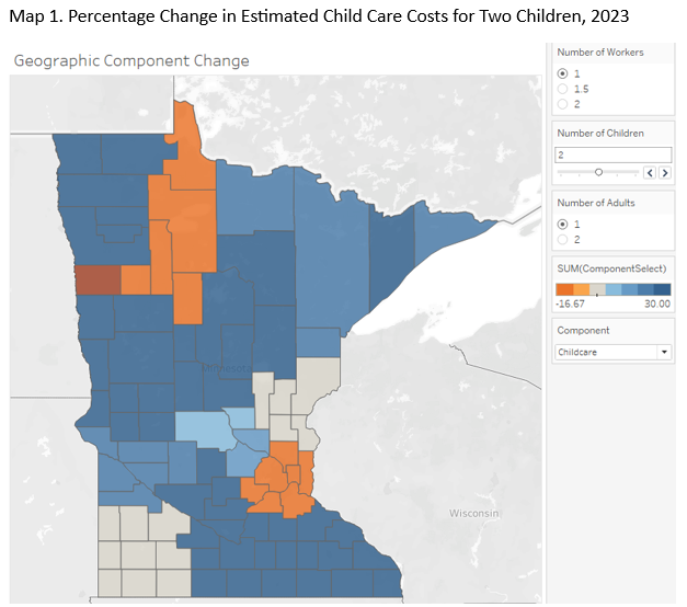 Map 1: Percentage Change in Estimated Child care Costs for Two Children, 2023