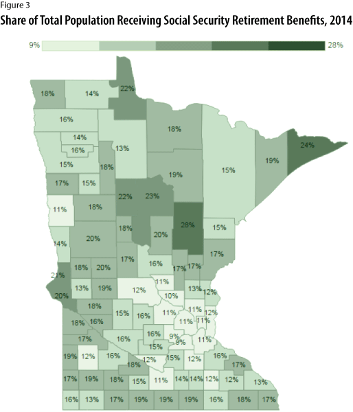 Figure 3: Minnesota map showing Share of Total Population Receiving Social Security Retirement Benefits, 2014