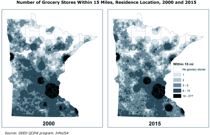 maps-Number of Grocery Stores within 15 miles, residence location, 2000 and 2015