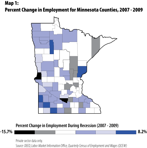 Map 1: Percent change in Employment for Minnesota Counties