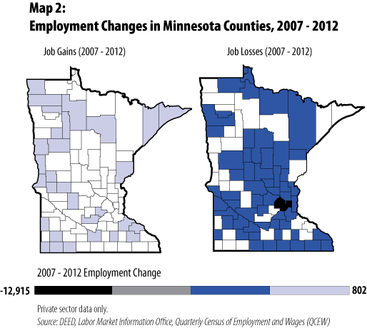 Map 2: Employment Changes in Minnesota Counties, 2007-2012
