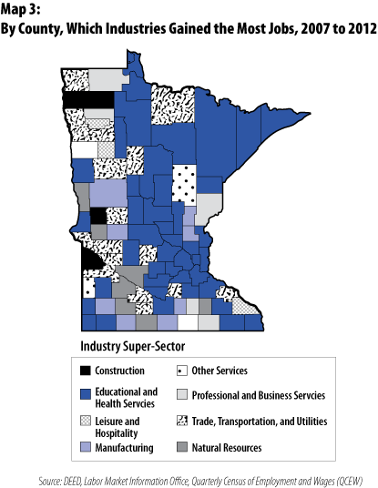 Map 3: By County, Which Industries Gained the Most Jobs