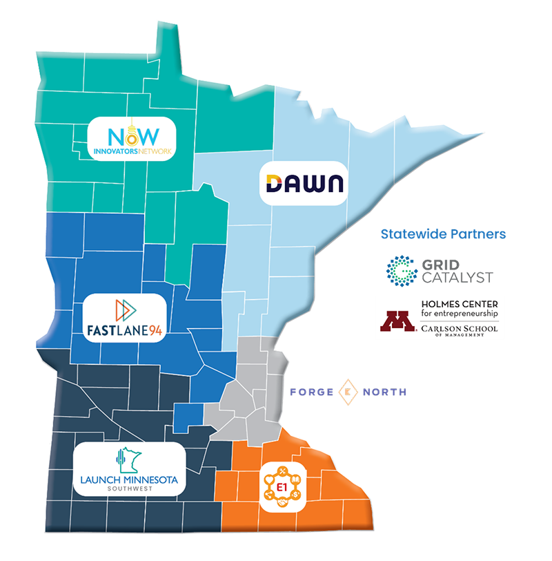 An illustration of the state of Minnesota, sectioned off by colors that represent the partner that covers that region.