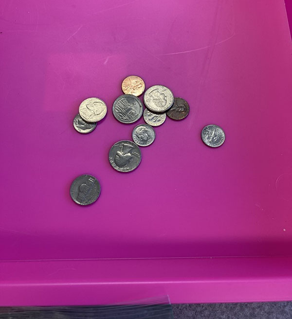 Various coins in a small, pink plastic bin.