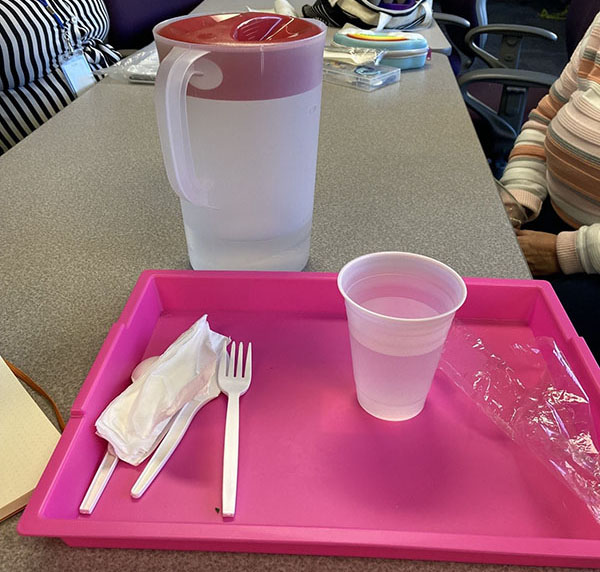 A plastic water pitcher next to a small plastic cup filled with water.