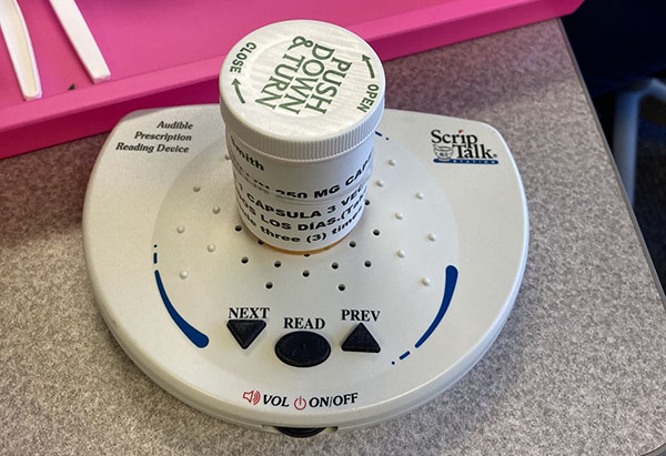 A prescription reader, which uses an RFID tag to audibly read the prescription drug instructions.