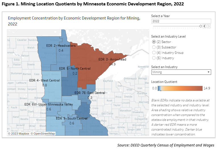 Mining Location Quotients by Minnesota Economic Development Region, 2022