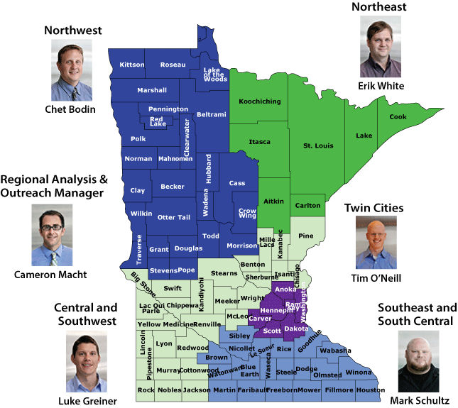 Map showing areas of Minnesota covered by DEED's regional analysts