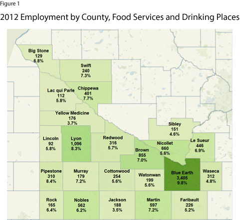Map of 2012 Employment by County, Food Service and Drinking Places