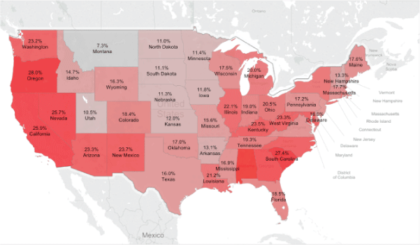 Map showing unemployment rates for teens across the U.S.