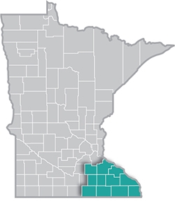 Map of MN with southeast corner highlighted