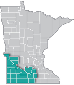 Map of MN with southwest corner highlighted