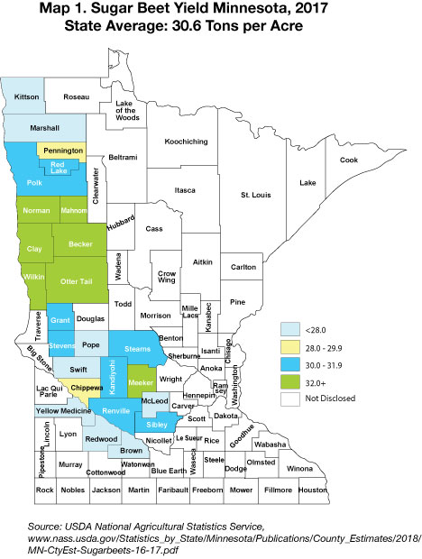 Map 1. Sugar Beet Yield Minnesota, 2017 State Average: 30.6 Tons per Acre