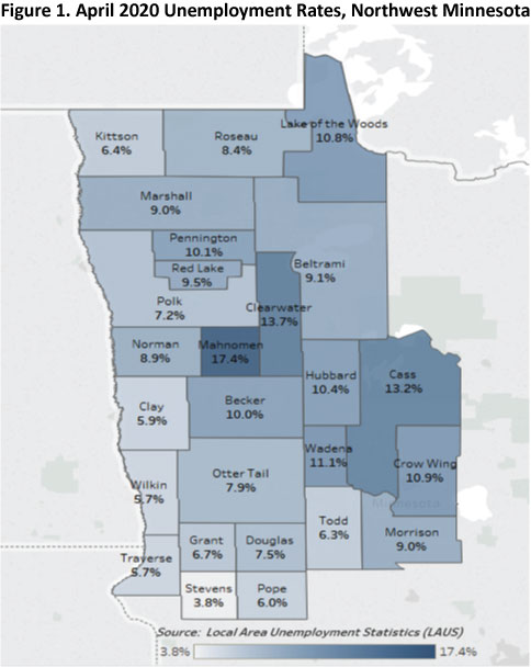 Figure 1. Map of April 2020 Unemployment Rates in Northwest Minnesota